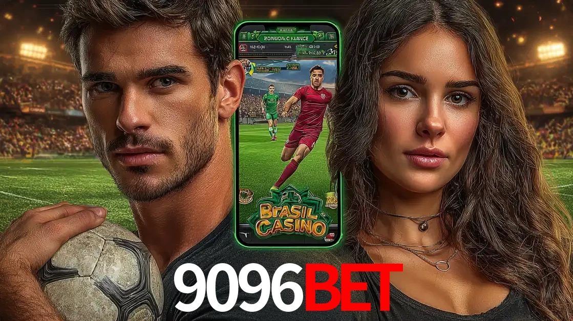 Homem segurando uma bola de futebol e uma mulher ao lado de um smartphone exibindo o jogo de apostas esportivas da 9096BET. Faça seu palpite no cassino online.